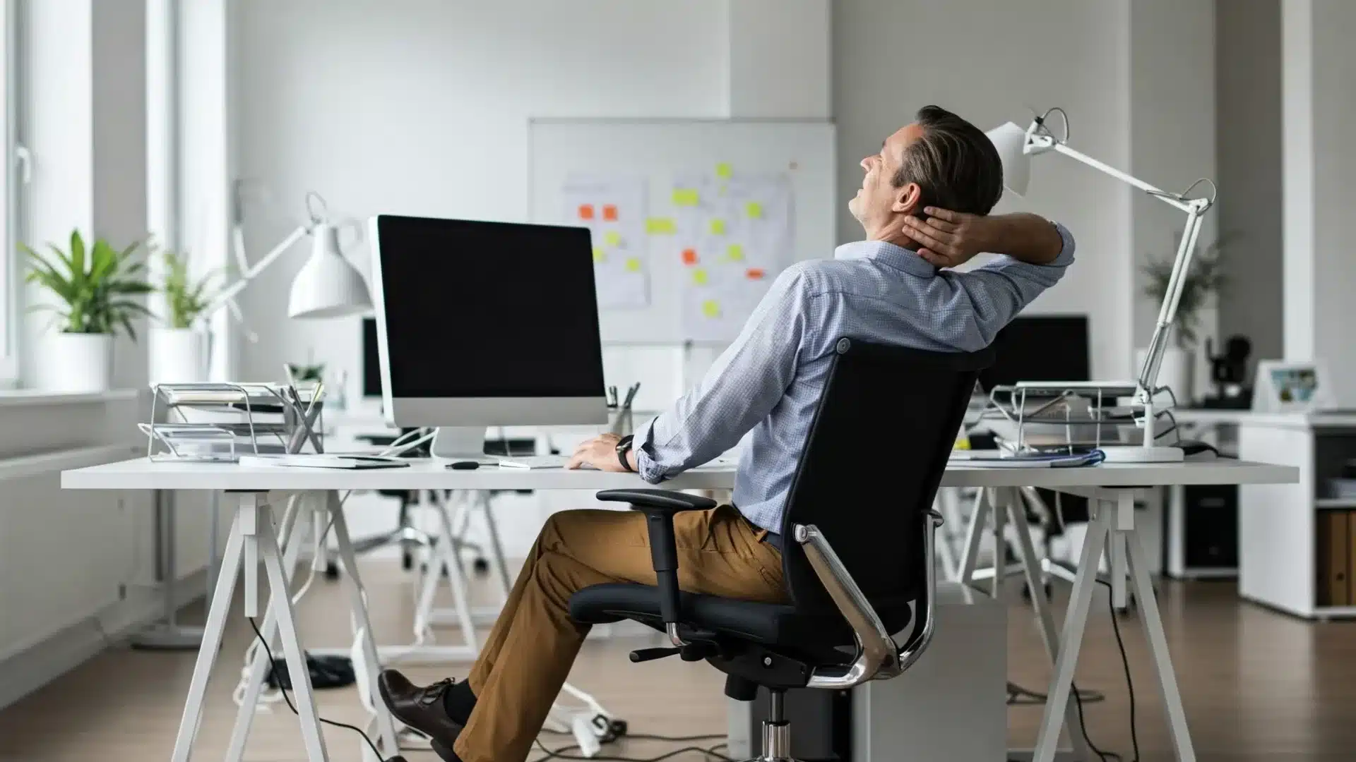 Zufriedener Mann sitzt am Schreibtisch