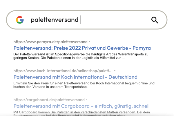 Suchergebnisse bei Google zum keyword Palettenversand