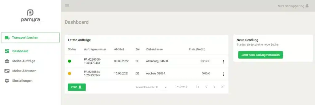 Screenshot der Transportbuchungen. auf Pamyra.de